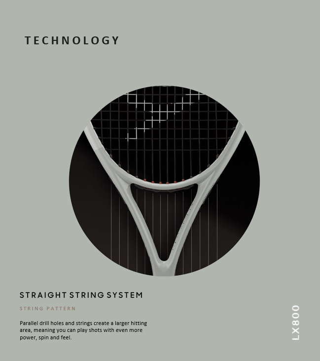 Technology | Straight String System: String Pattern | Parallel drill holes and strings create a larger hitting area, meaning you can play shots with even more power, spin and feel.